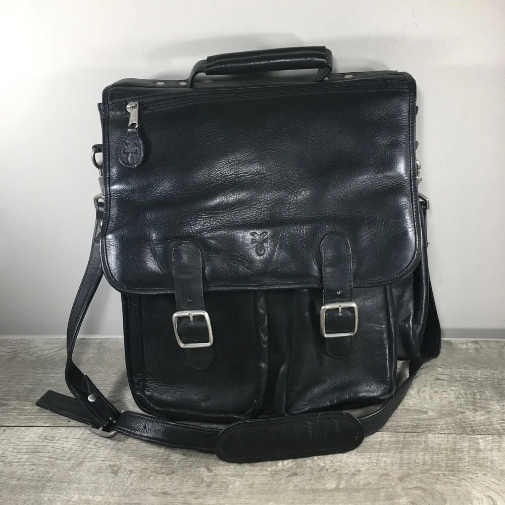 Vintage Frye Black Leather Soft-Sided Briefcase Laptop Shoulder School Work Bag